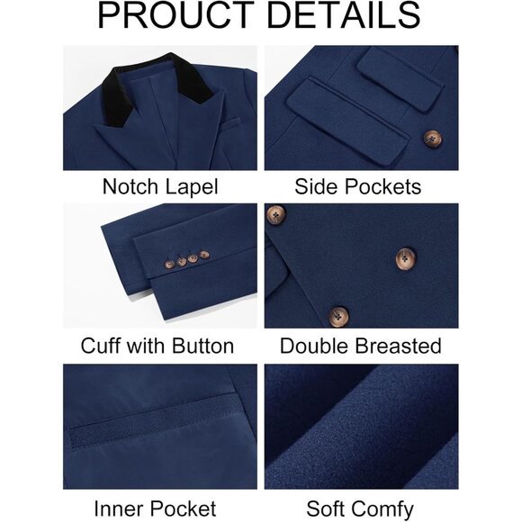 💫 Men Blue Long Trench Coat Lapel Double Breasted Casual Winter Warm Pea Coat - Picture 5 of 5